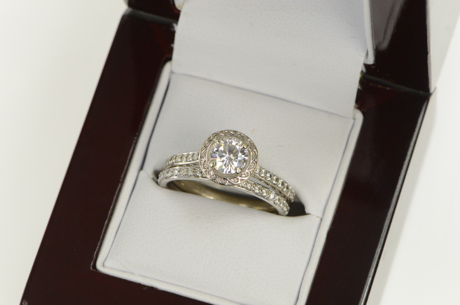 14K Round Halo Engagement Bridal Set Moissanite White Gold Ring, Size 8