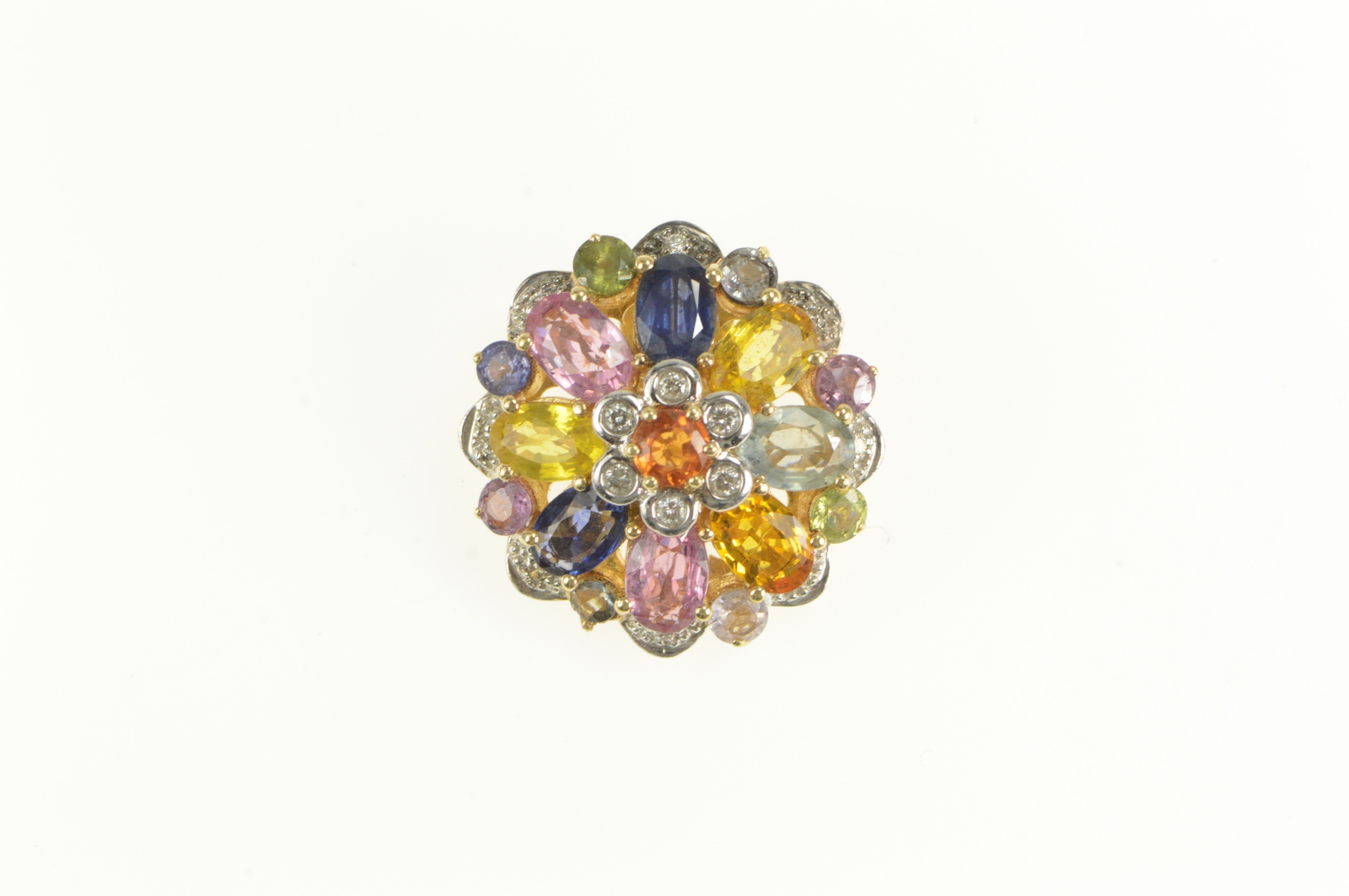 14K Round Natural Sapphire Diamond Flower Cluster Yellow Gold Pendant