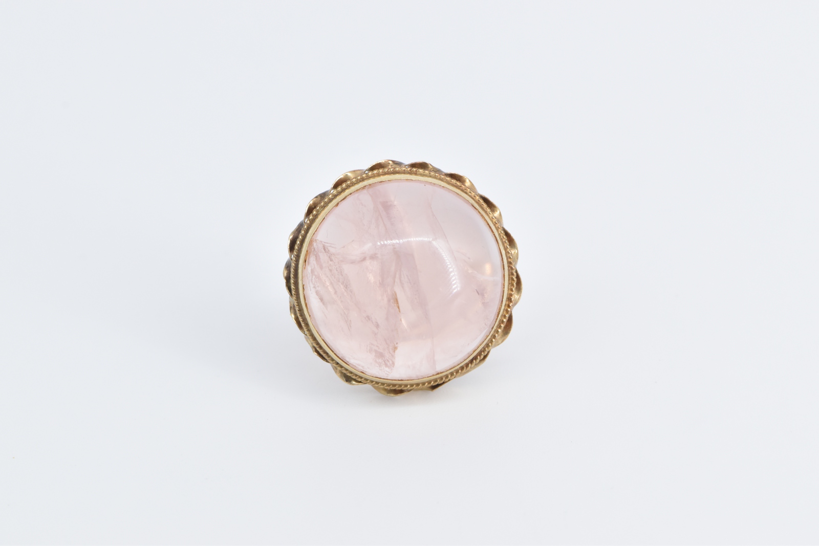 14K Round Rose Quartz Cabochon Ornate Cocktail Yellow Gold Ring, Size 7.75