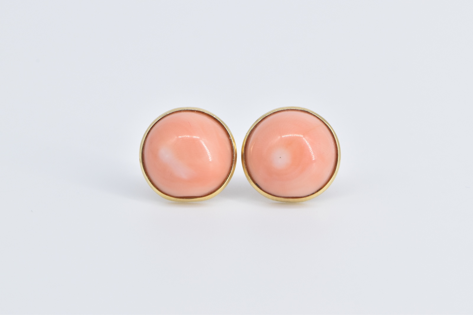 14K Round Vintage Coral Cabochon Domed Stud Yellow Gold Earrings