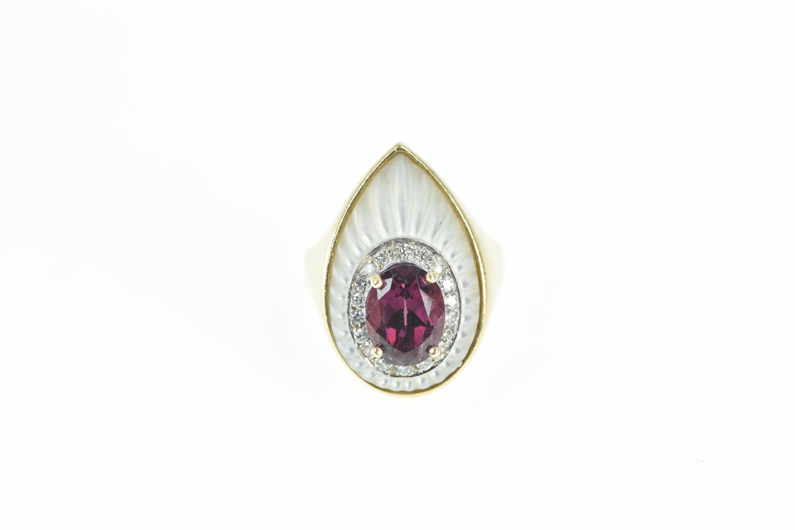 14K Rubellite Mother of Pearl Diamond Planchette Yellow Gold Ring, Size 6