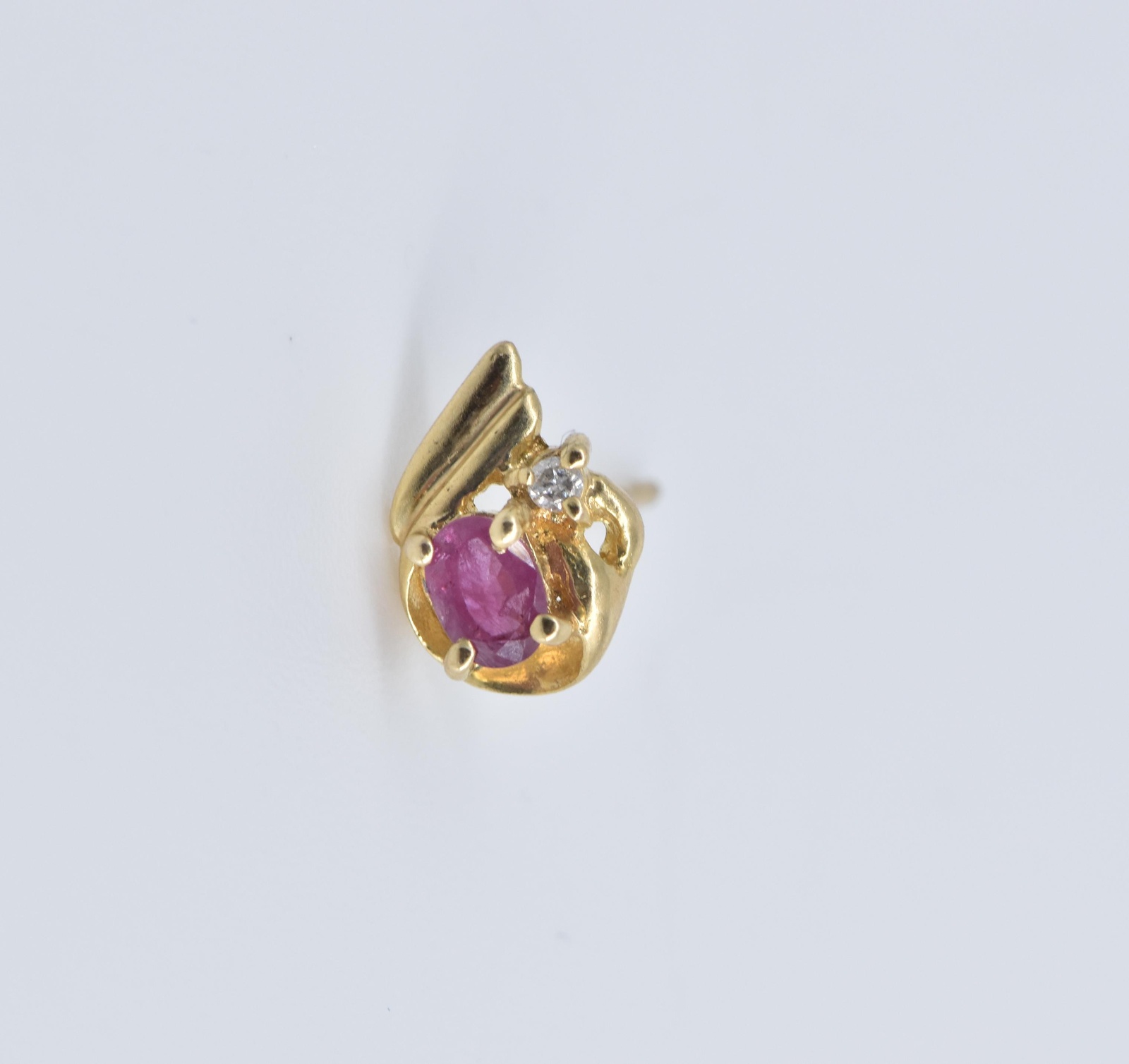 14K Ruby Diamond Accent Curved Single Stud Yellow Gold Earring