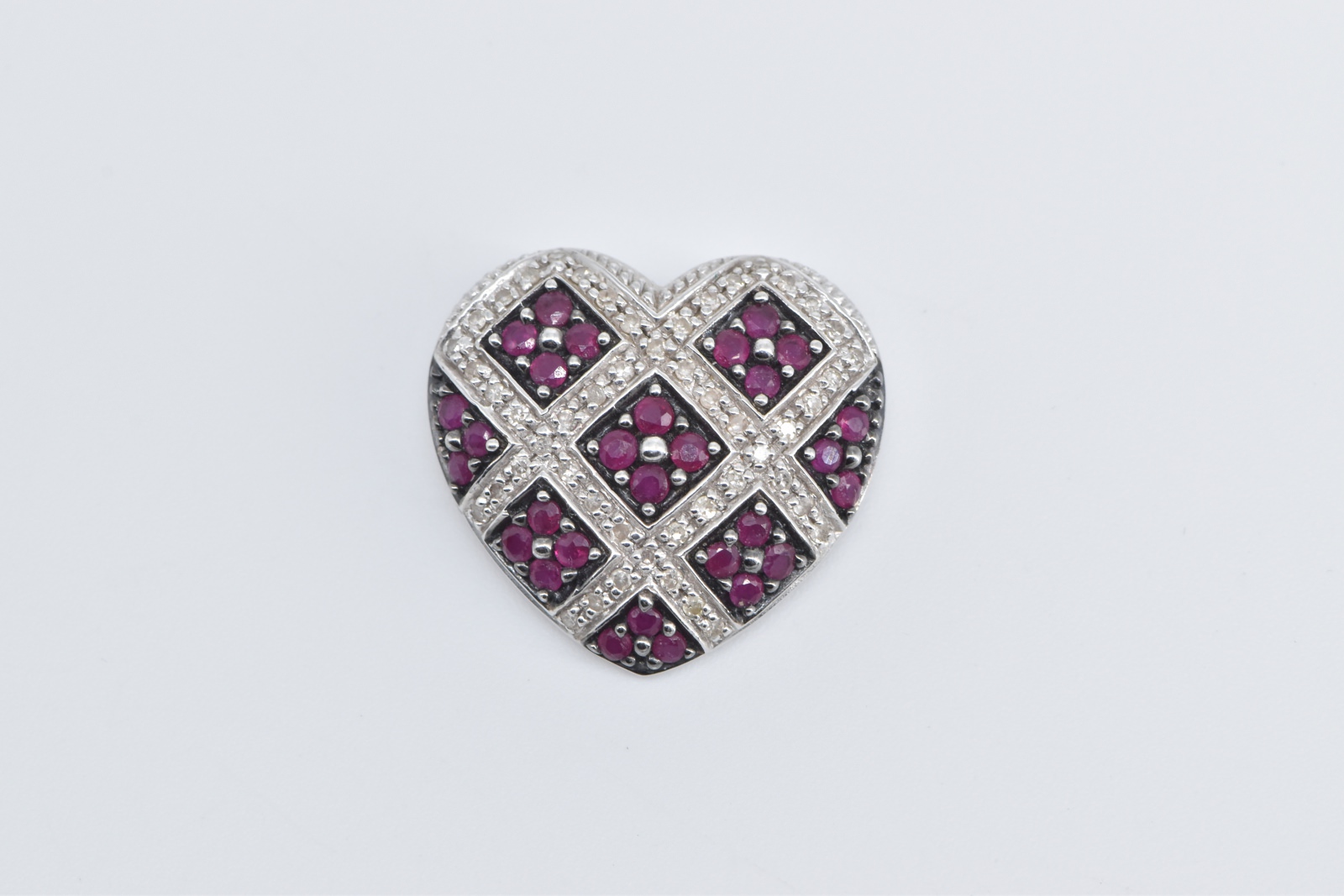 14K Ruby Diamond Checkered Pave Heart Love White Gold Pendant
