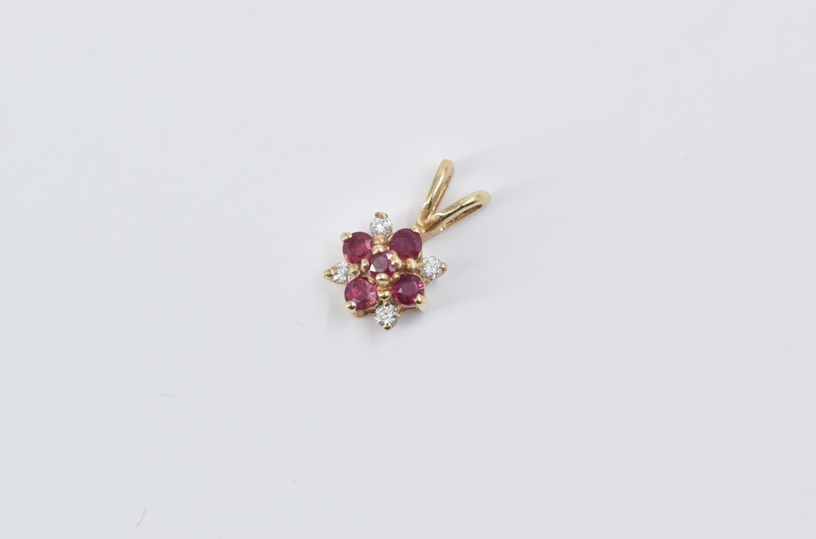 14K Ruby Diamond Flower Cluster Vintage Yellow Gold Pendant
