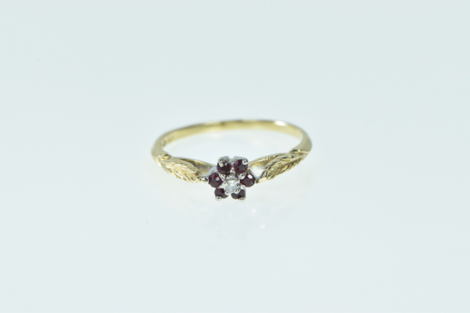 14K Ruby Diamond Flower Leaf Vintage Promise Yellow Gold Ring, Size 7