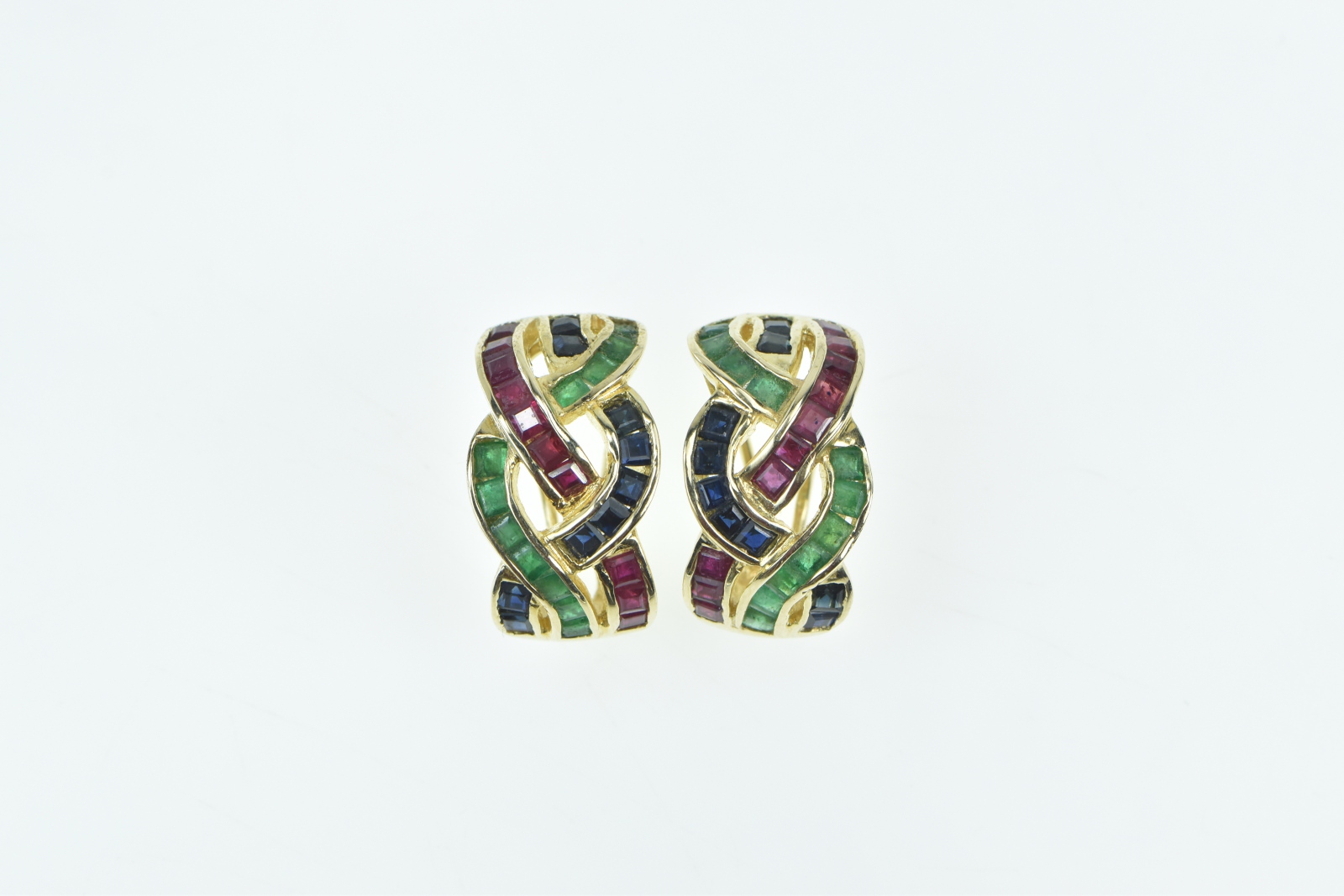 14K Ruby Emerald Sapphire Braid Woven French Clip Yellow Gold Earrings