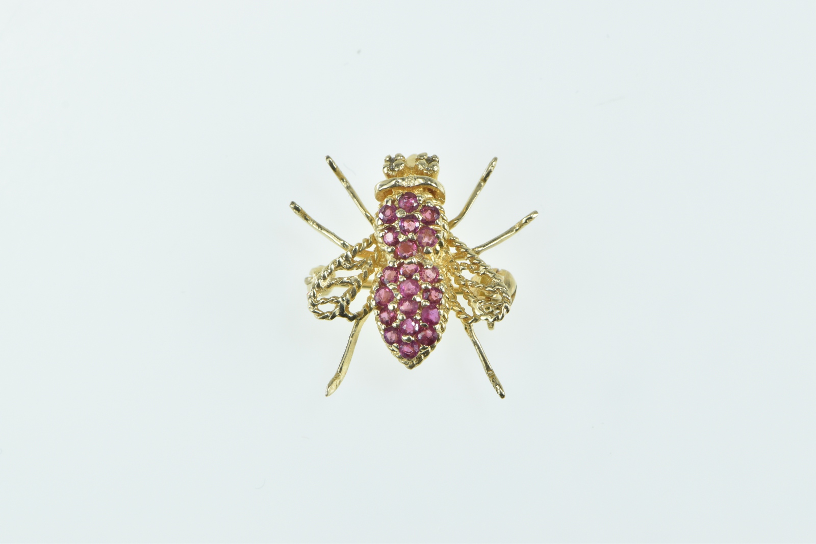 14K Ruby Encrusted Diamond Eyed Fly Insect Yellow Gold Pin/Brooch