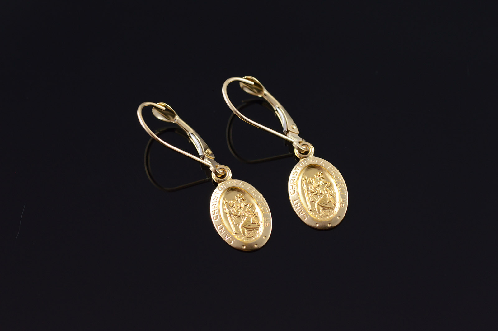 14k Saint Christopher Dangle Leverback Yellow Gold Earrings 14k Saint Christopher Dangle Leverback Yellow Gold Earrings