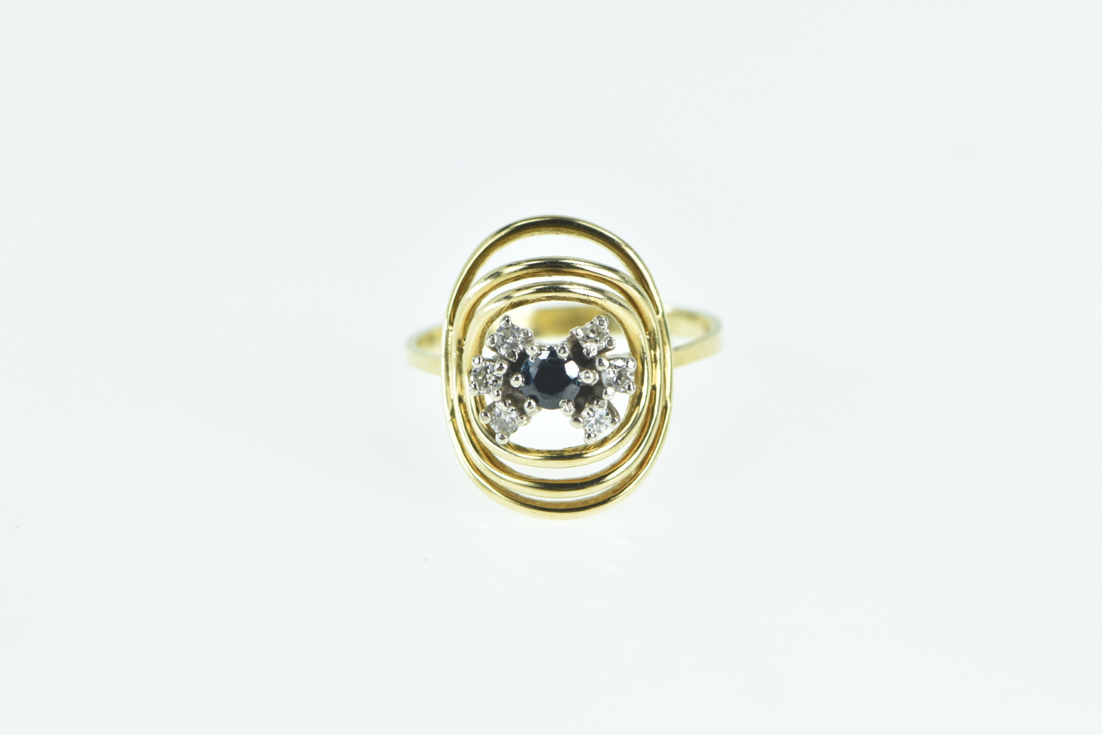 14K Sapphire Diamond Circle Vintage Statement Yellow Gold Ring, Size 6.75