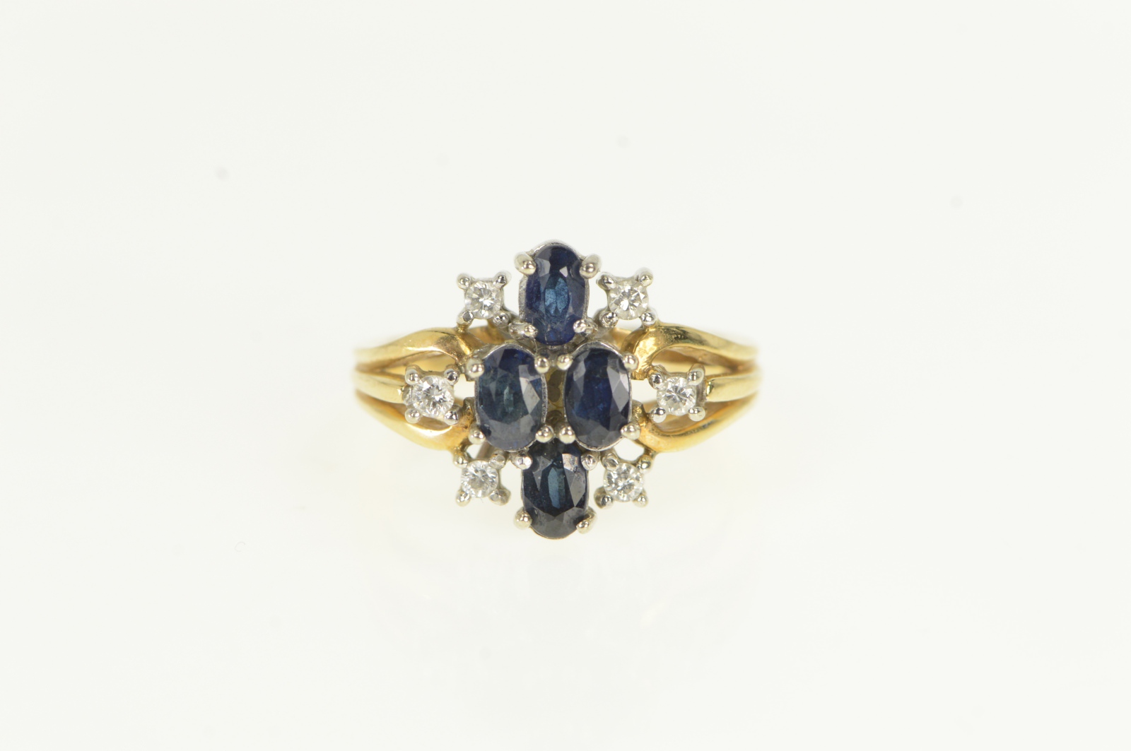 14K Sapphire Diamond Cluster Vintage Yellow Gold Ring, Size 6.25