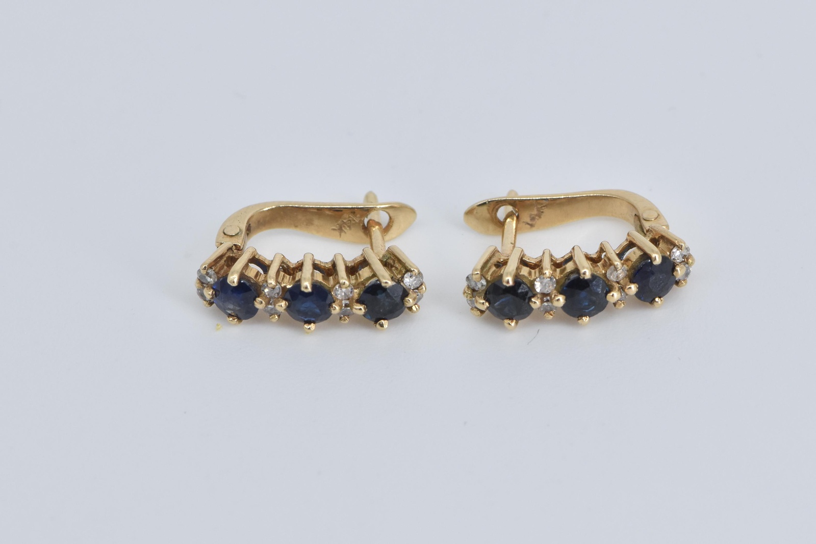 14K Sapphire Diamond Curved Bar French Clip Yellow Gold Earrings
