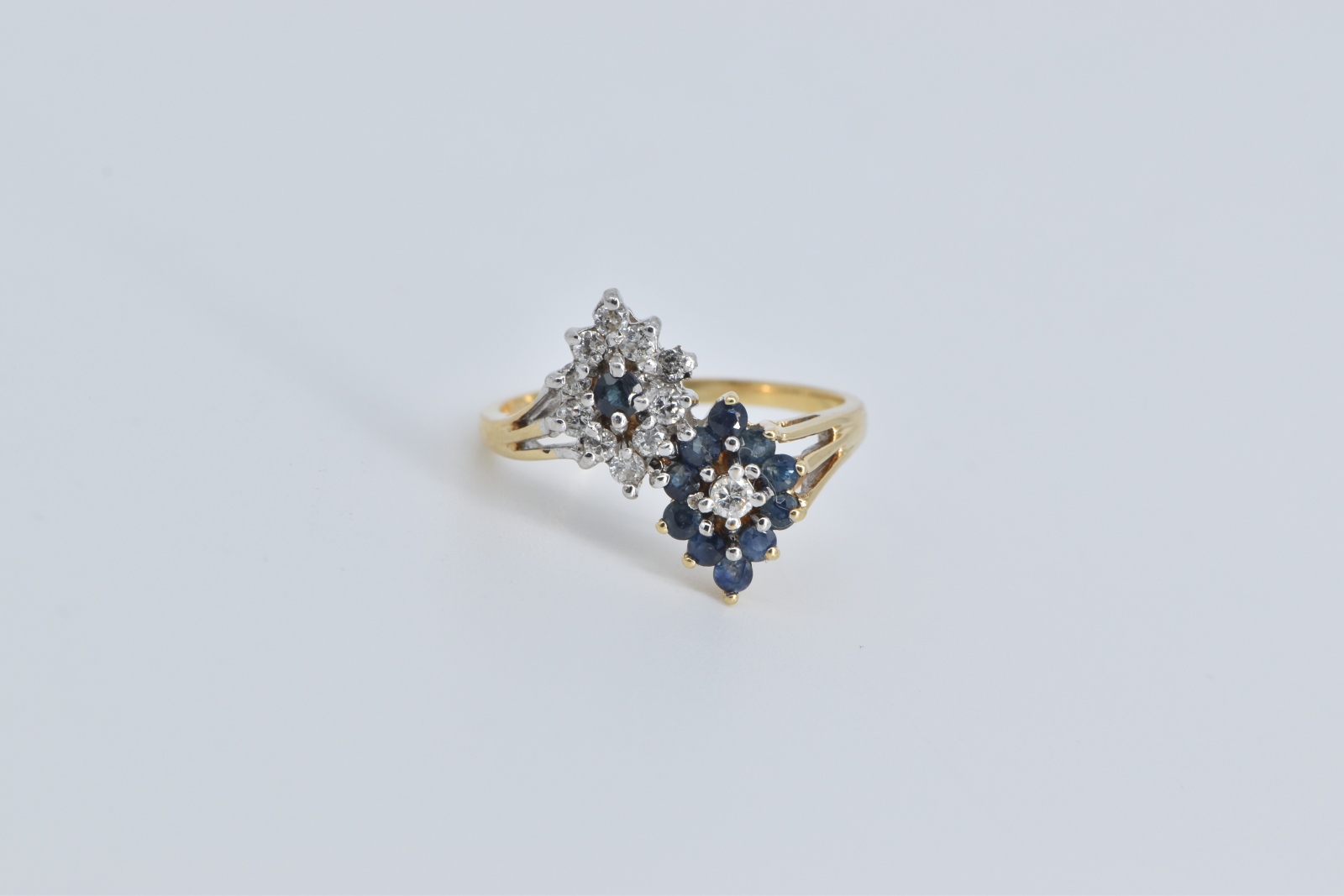 14K Sapphire Diamond Marquise Cluster Yin Yang Yellow Gold Ring, Size 5.5
