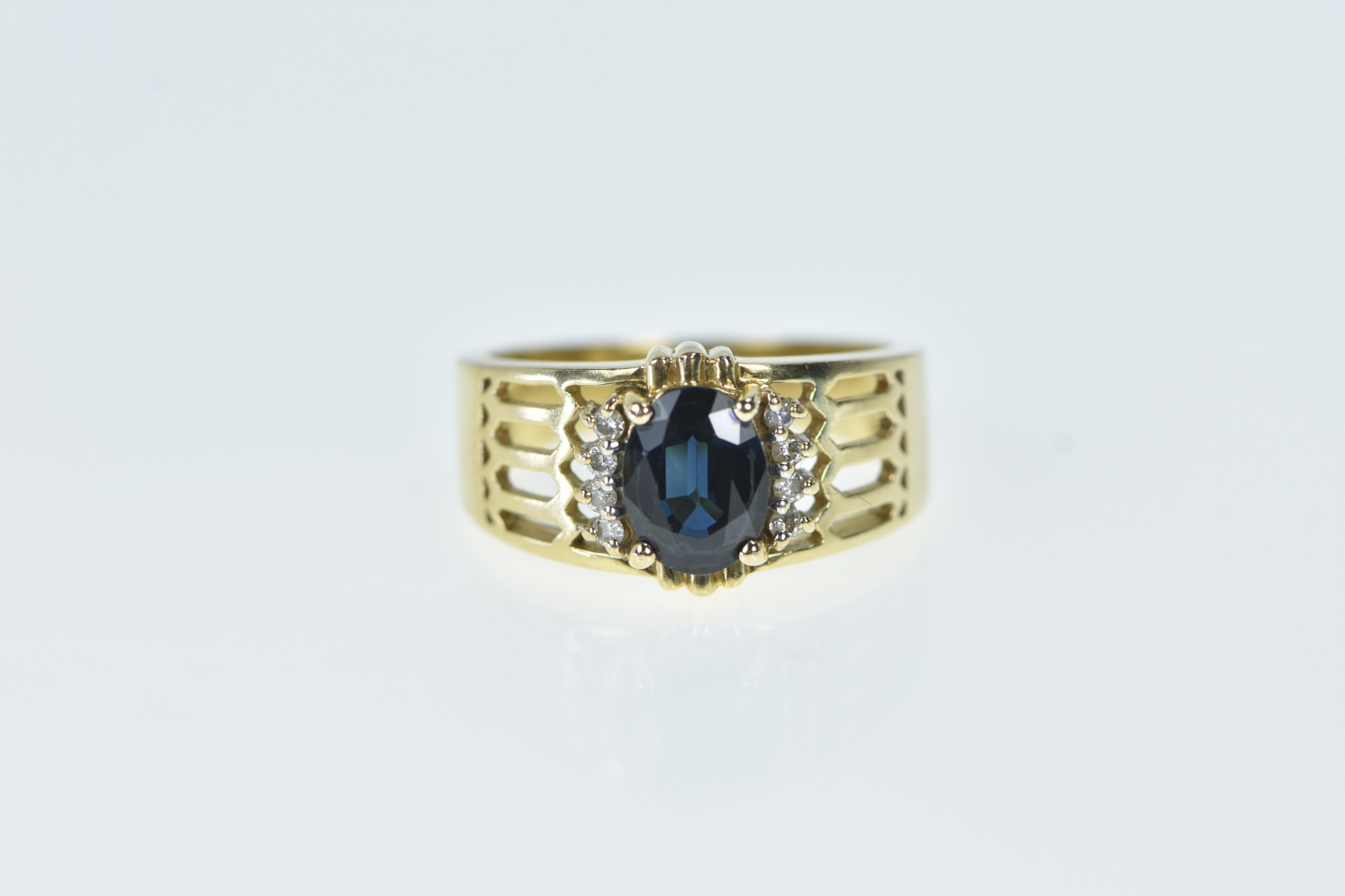 14K Sapphire Diamond Statement Vintage Yellow Gold Ring, Size 6.5
