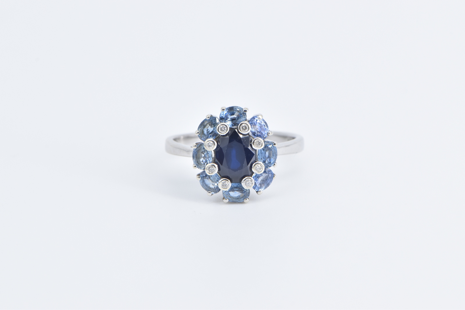 14K Sapphire Diamond Tanzanite Halo Statement White Gold Ring, Size 9