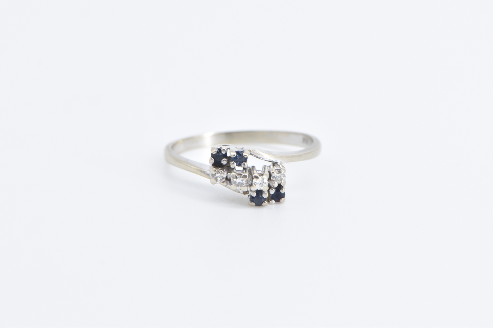 14K Sapphire Diamond Vintage Bypass Fashion White Gold Ring, Size 6.25