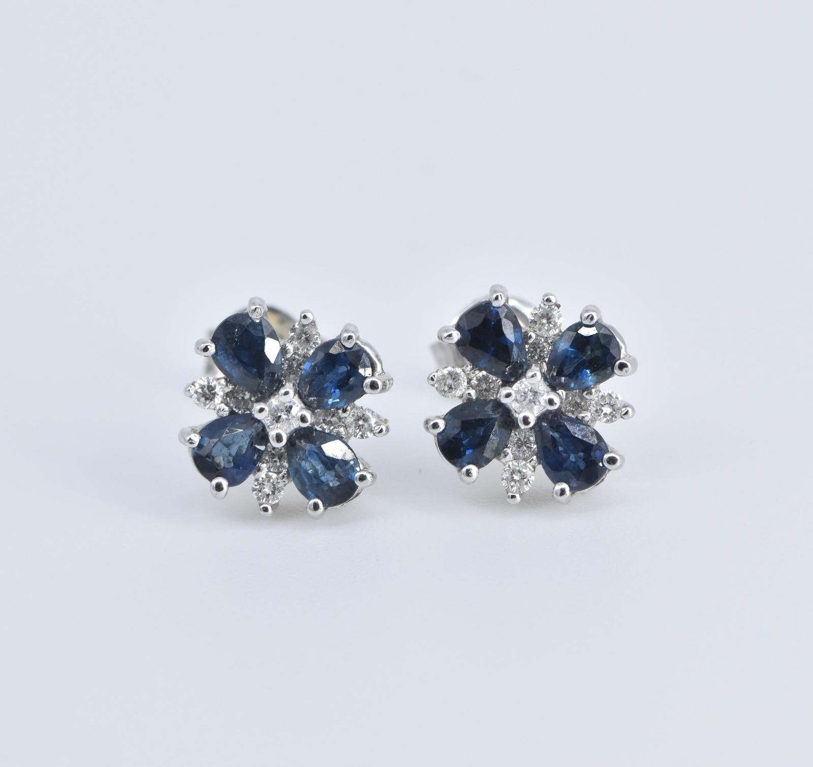 14K Sapphire Natural Diamond Flower Cluster Stud White Gold Earrings