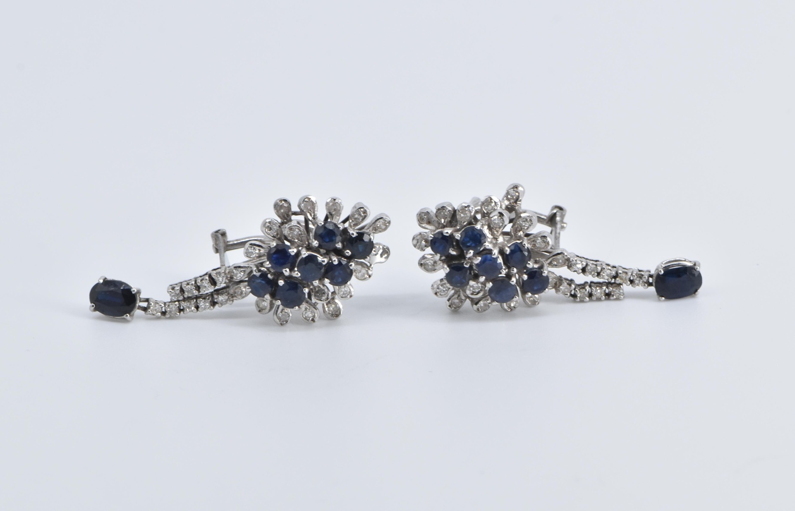14K Sapphire Natural Diamond Statement Cluster White Gold Earrings