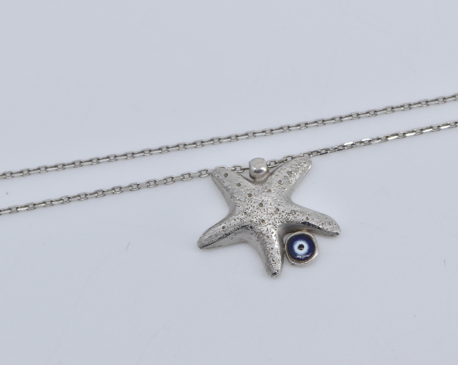 14K Sea Star Fish Enamel Nazar Cable Chain White Gold Necklace 17.25"