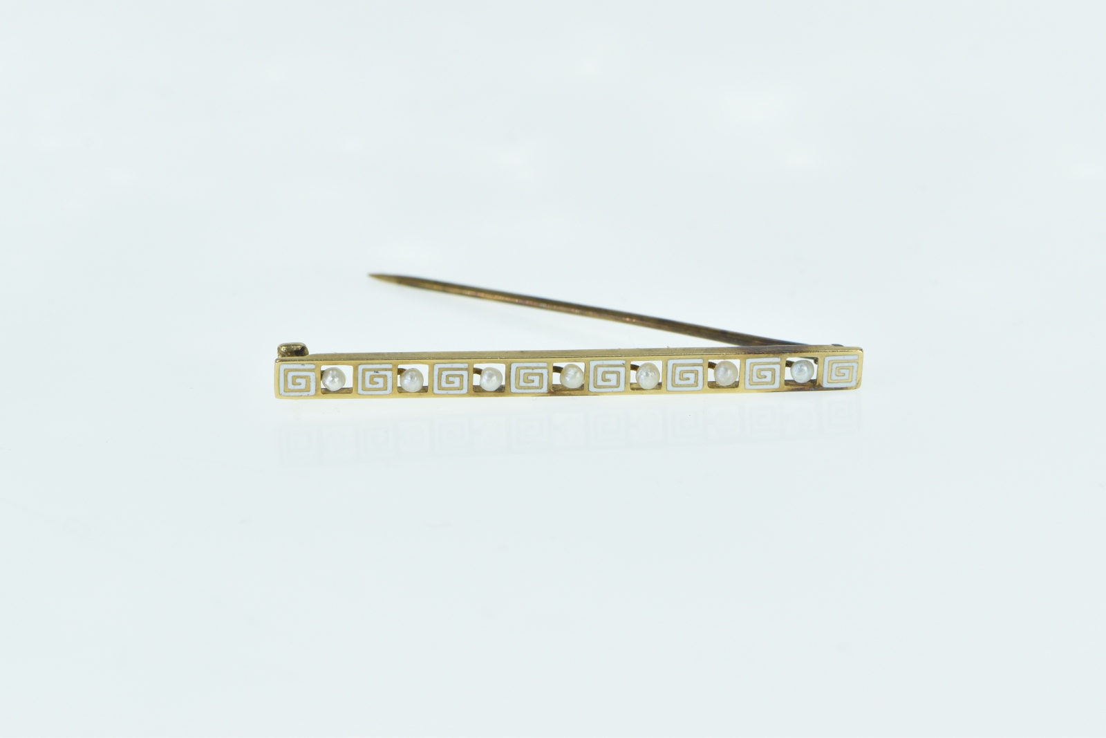 14K Seed Pearl Enamel Greek Wave Bar Yellow Gold Pin/Brooch