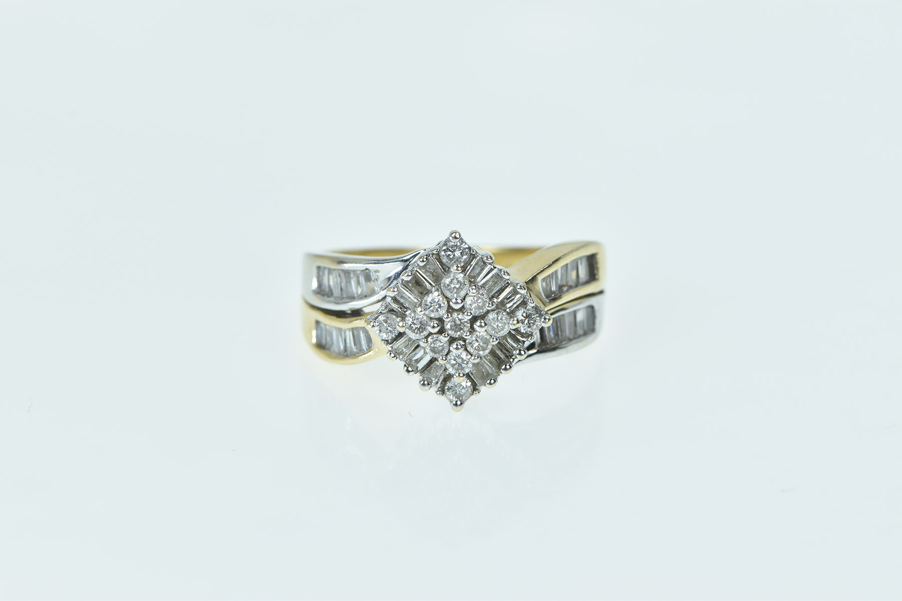 14K Square Cluster Diamond Baguette Vintage Yellow Gold Ring, Size 7