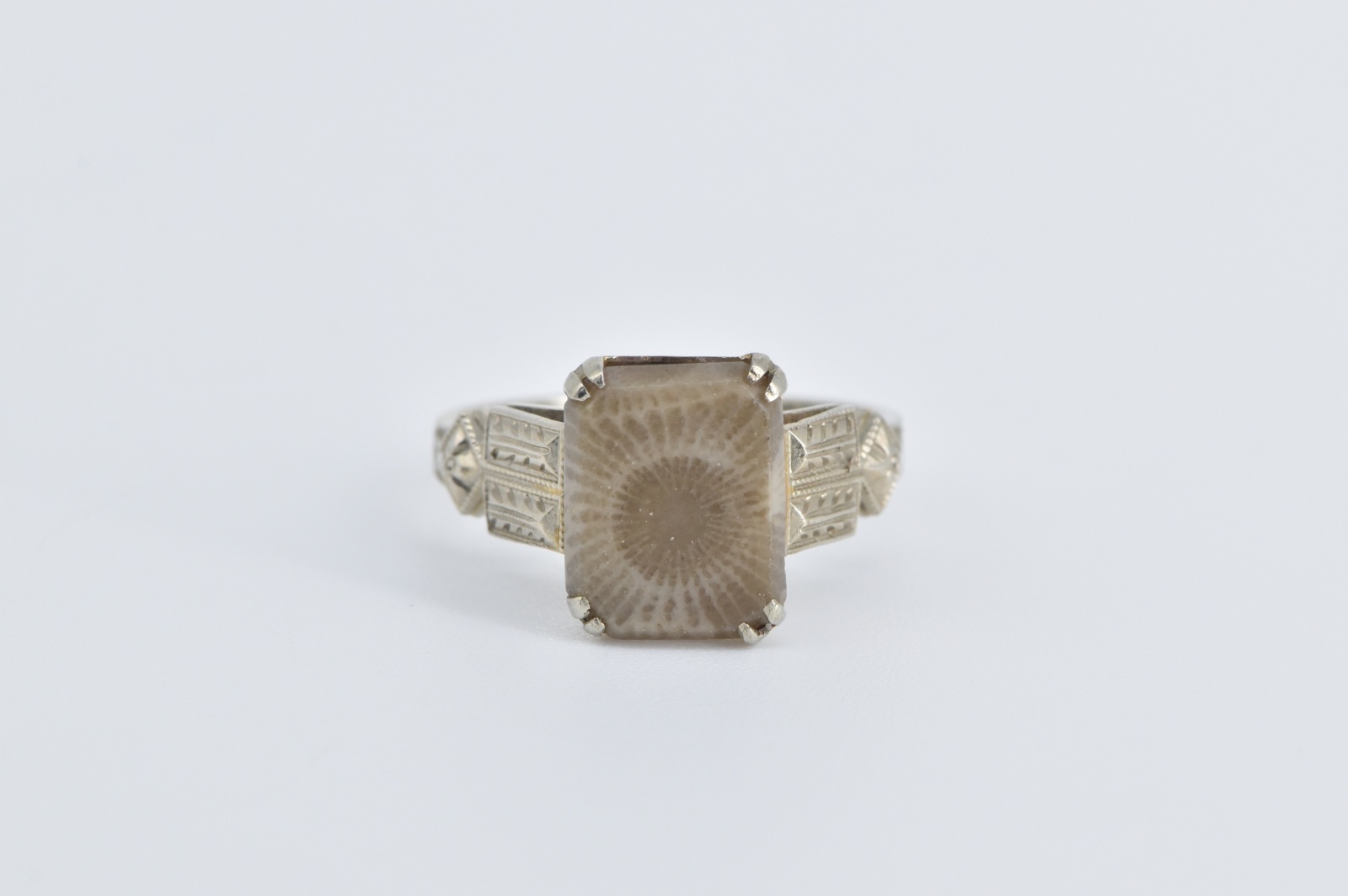 14K Square Cut Fossil Art Deco Unique Statement White Gold Ring, Size 5.5