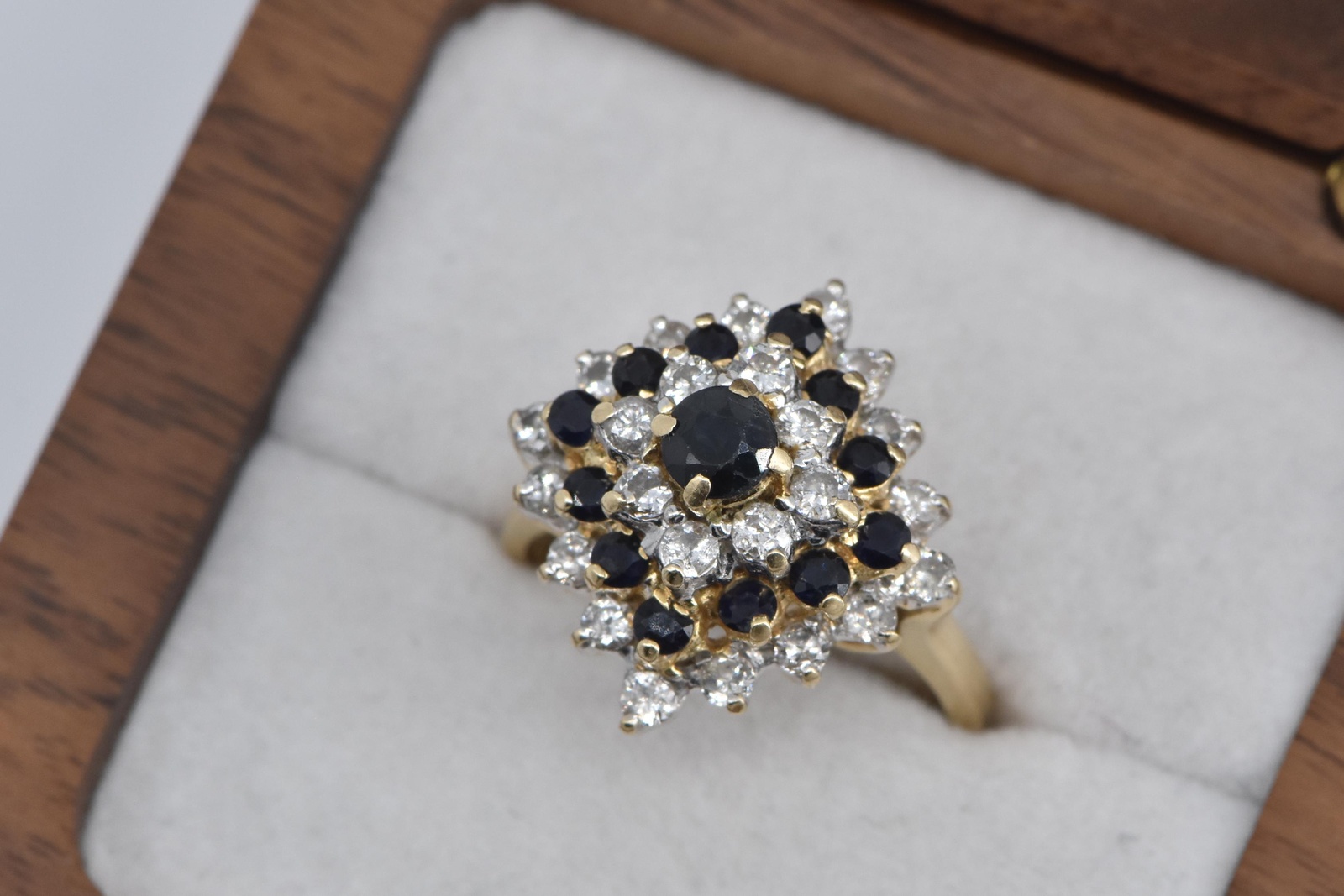 14K Square Sapphire Natural Diamond Halo Cluster Yellow Gold Ring, Size 6.75