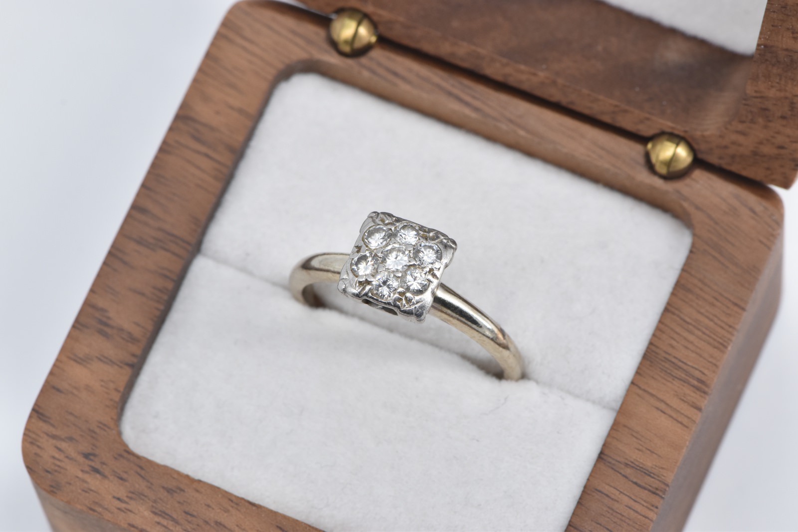 14K Square Vintage Natural Diamond Statement White Gold Ring, Size 9.75