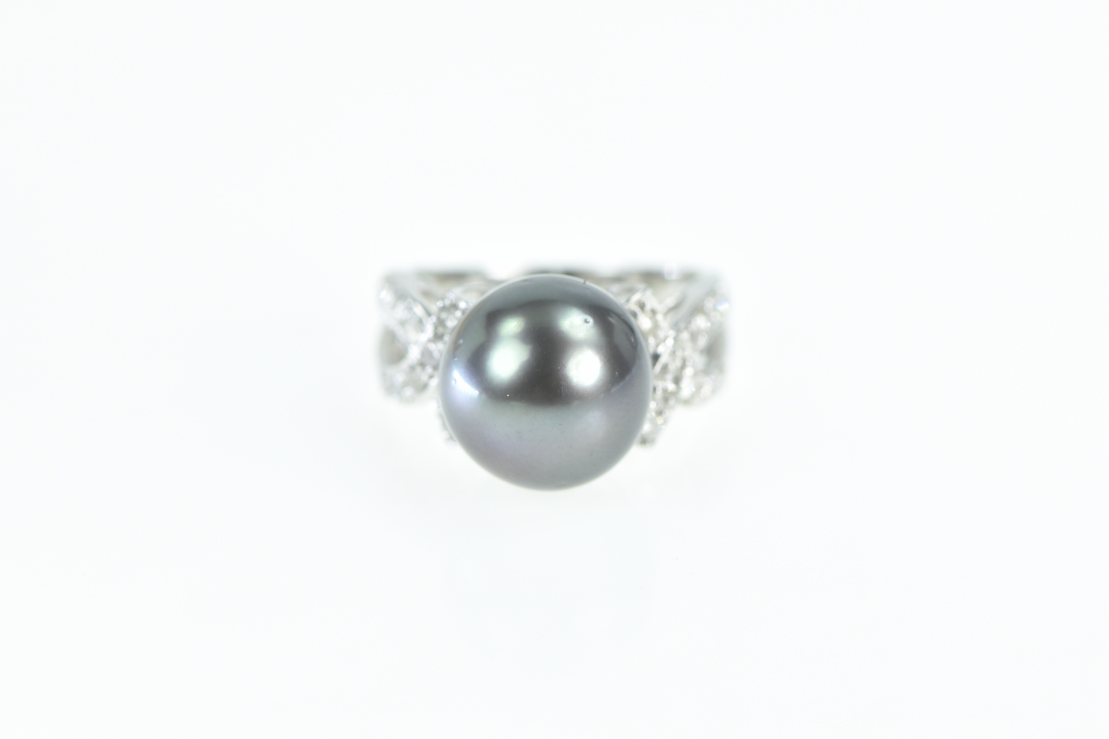14K Tahitian Pearl Diamond Statement White Gold Ring, Size 6.75