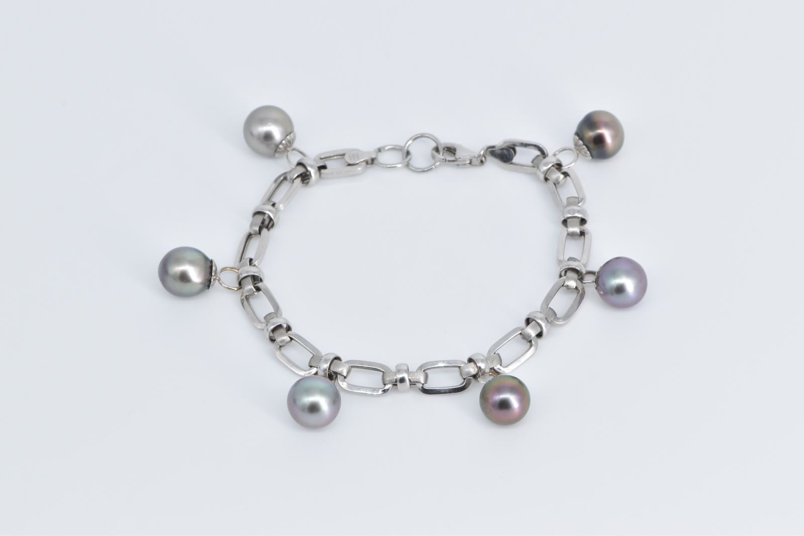 14K Tahitian Pearl Fringe Dangle Charm Chain White Gold Bracelet 7.5"