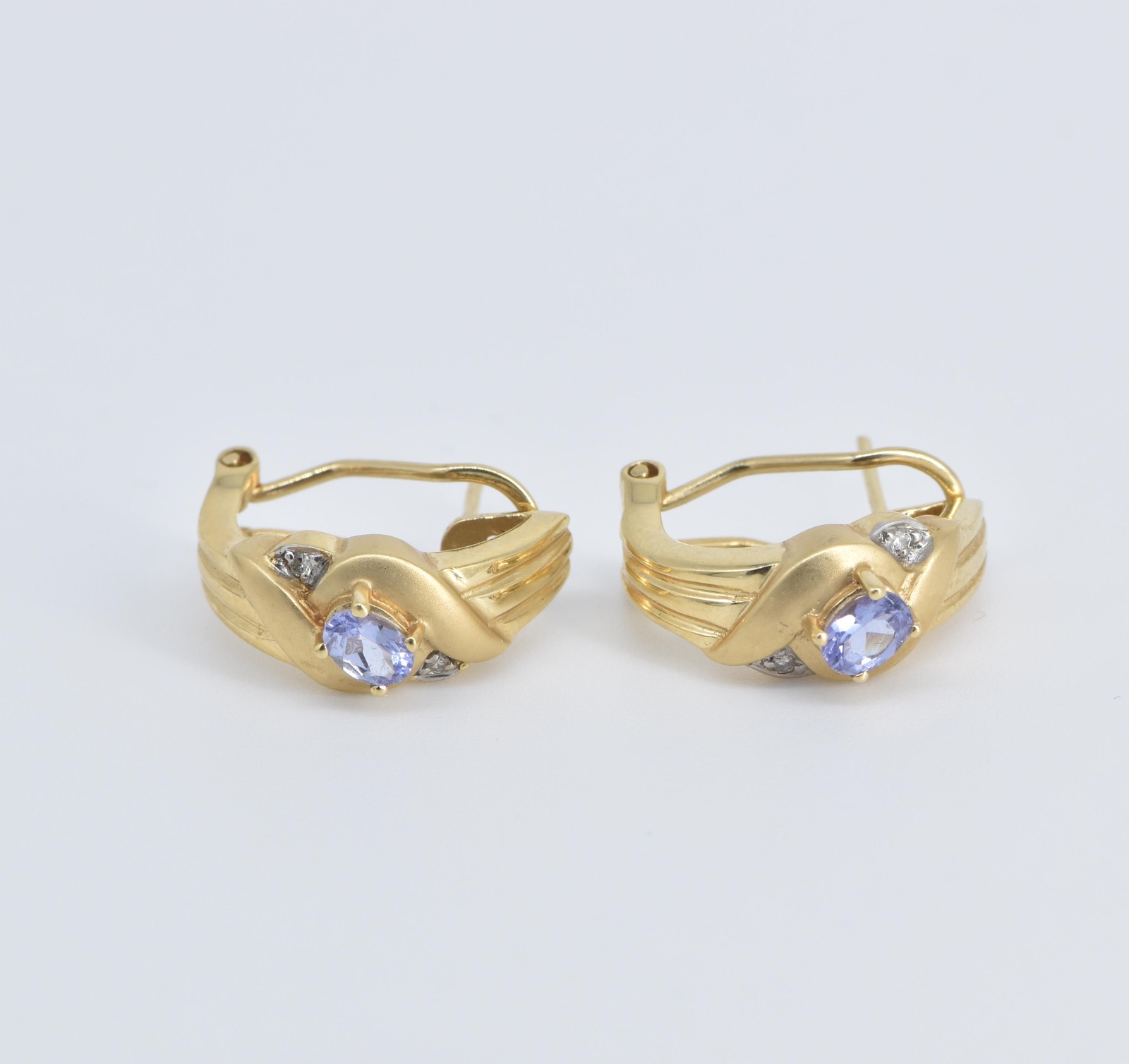 14K Tanzanite Diamond French Clip Hoop Yellow Gold Earrings