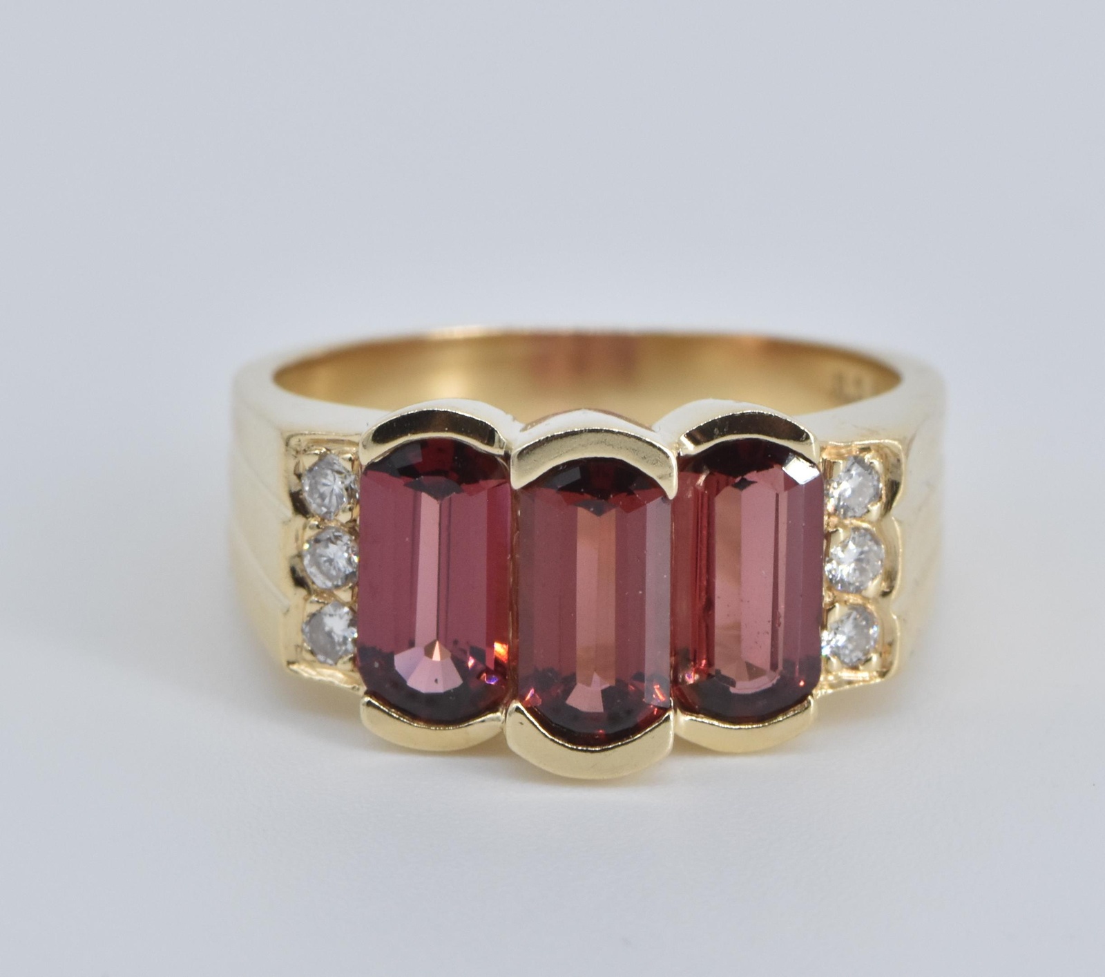 14K Three Stone Garnet Natural Diamond Statement Yellow Gold Ring, Size 6.5