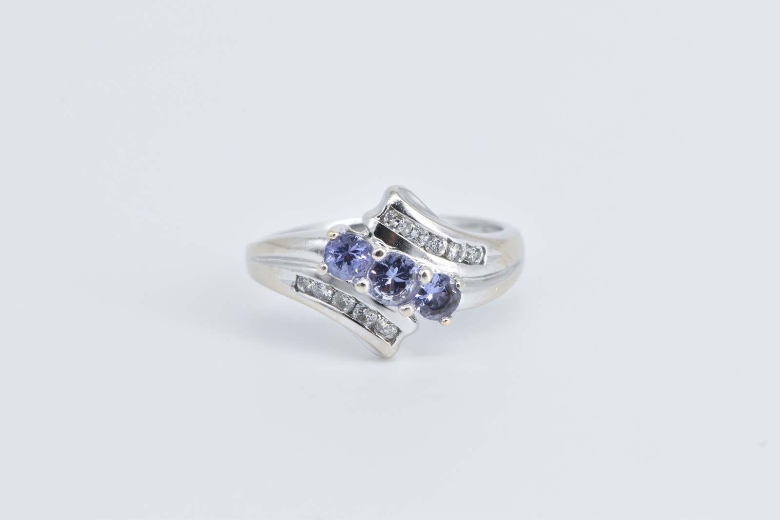 14K Three Stone Tanzanite Diamond Vintage Bypass White Gold Ring, Size 7.25