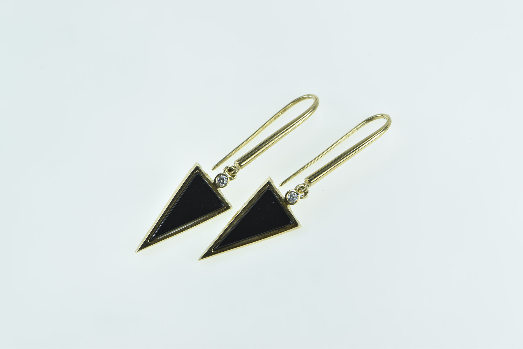14K Triangle Black Onyx Diamond Vintage Dangle Yellow Gold Earrings