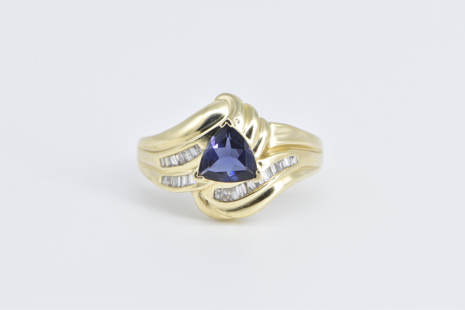 14K Trillion Iolite Baguette Diamond Freeform Yellow Gold Ring, Size 9