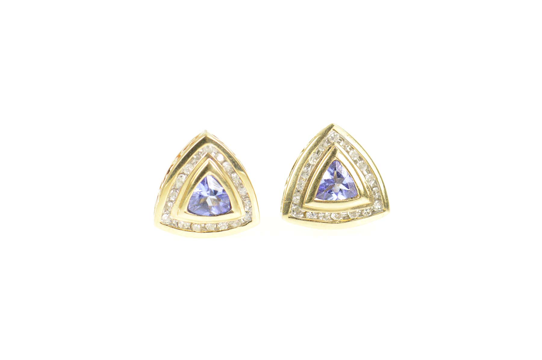 14K Trillion Tanzanite Diamond Halo Stud Yellow Gold Earrings