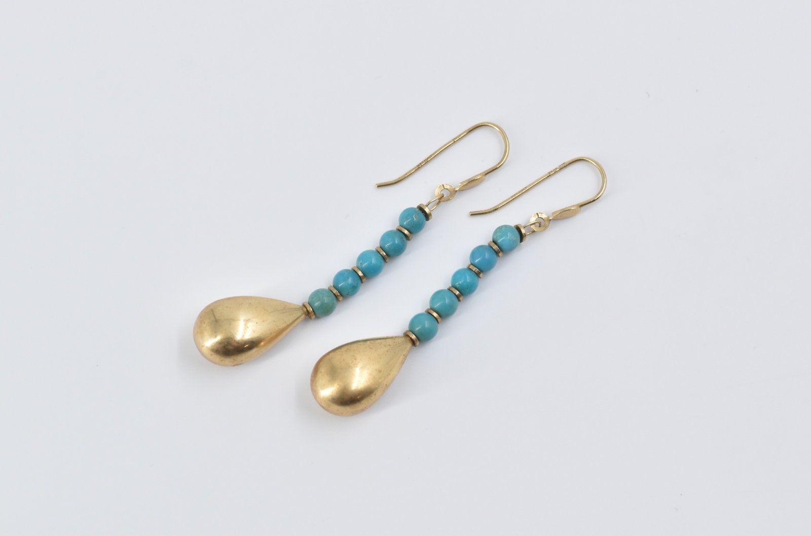 14K Turquoise Beaded Puffy Tear Drop Dangle Yellow Gold Earrings