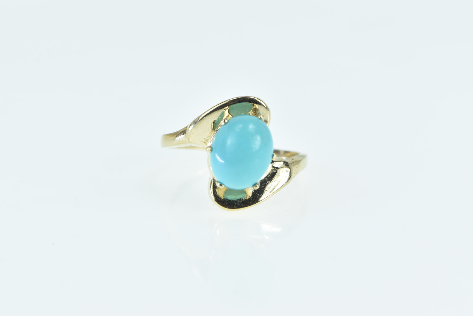 14K Turquoise Cabochon Freeform Bypass Yellow Gold Ring, Size 7.5