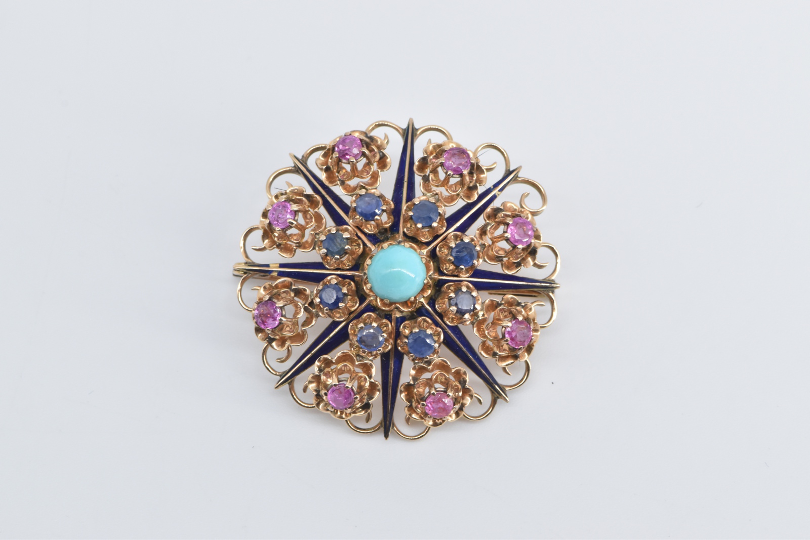 14K Turquoise Ruby Sapphire Ornate Domed Floral Yellow Gold Pendant/Pin
