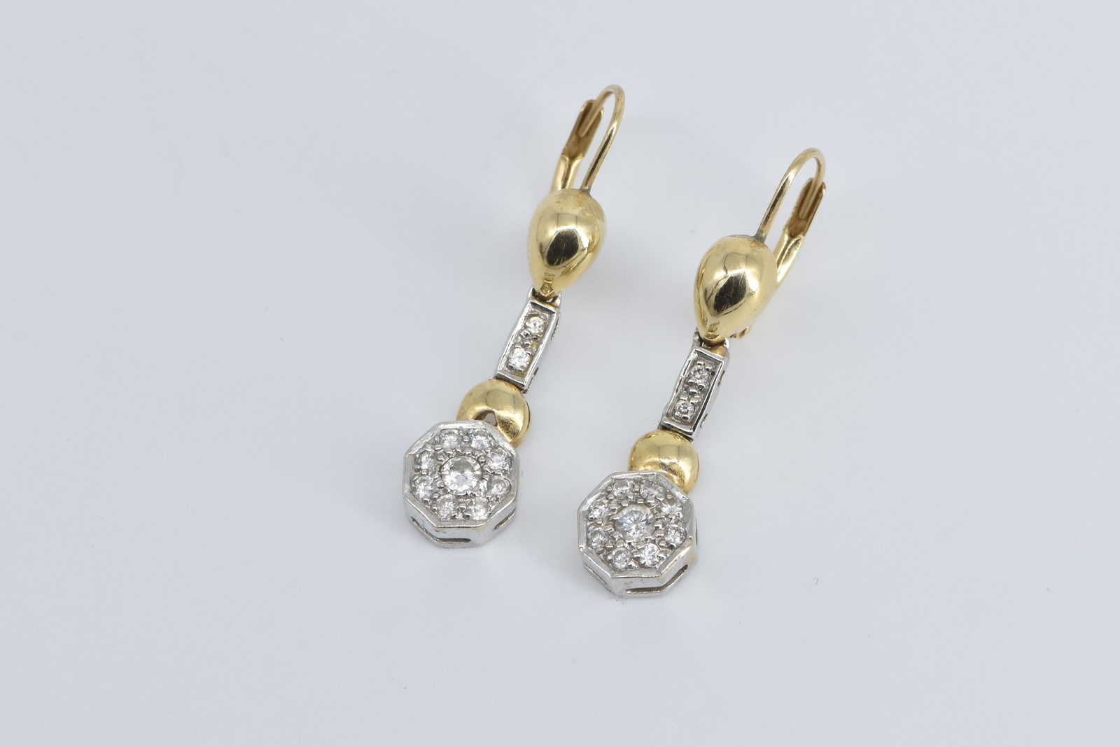 14K Two Tone Diamond Art Deco Dangle Halo Yellow Gold Earrings