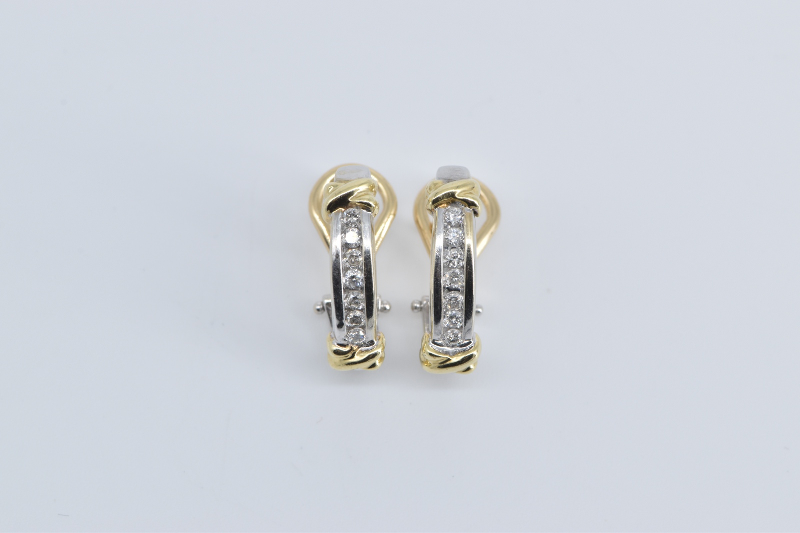 14K Two Tone Diamond French Clip Hoop White Gold Earrings