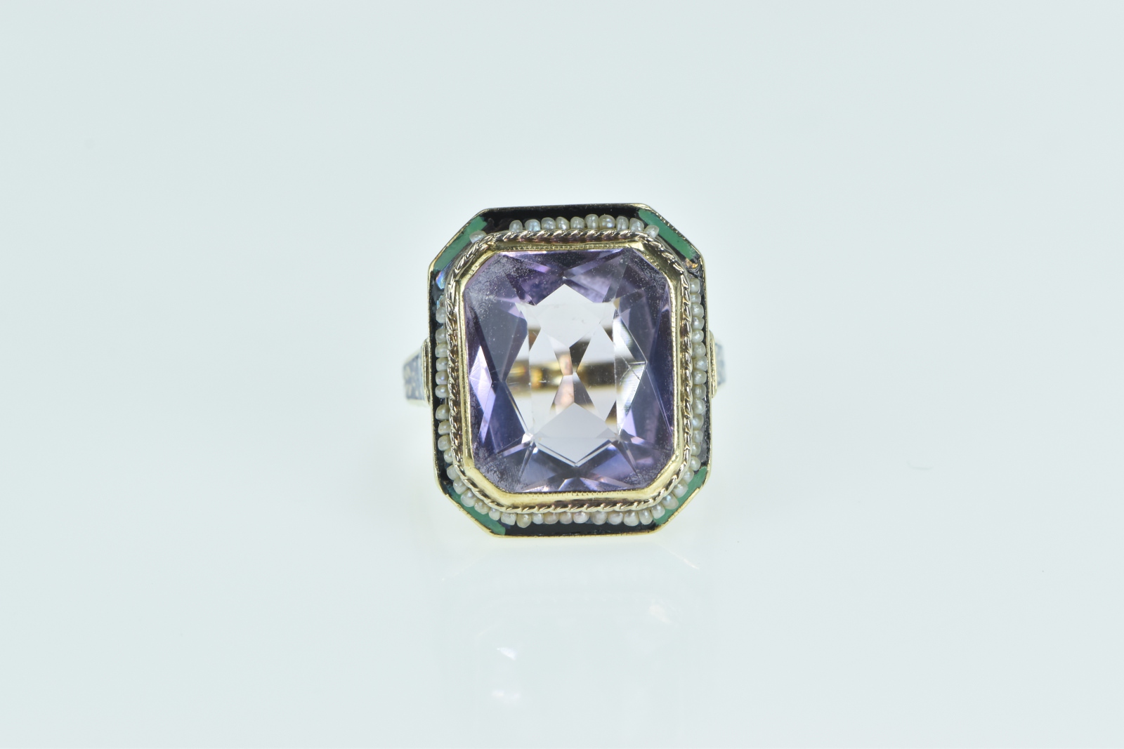 14K Victorian Amethyst Seed Pearl Enamel Statement Yellow Gold Ring, Size 5.5