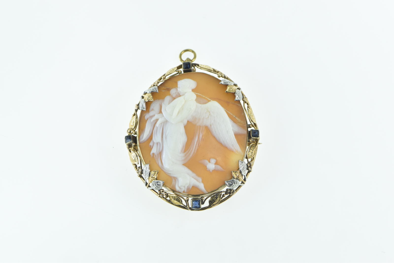 14K Victorian Angel Scene Cameo Sapphire Floral Yellow Gold Pendant/Pin