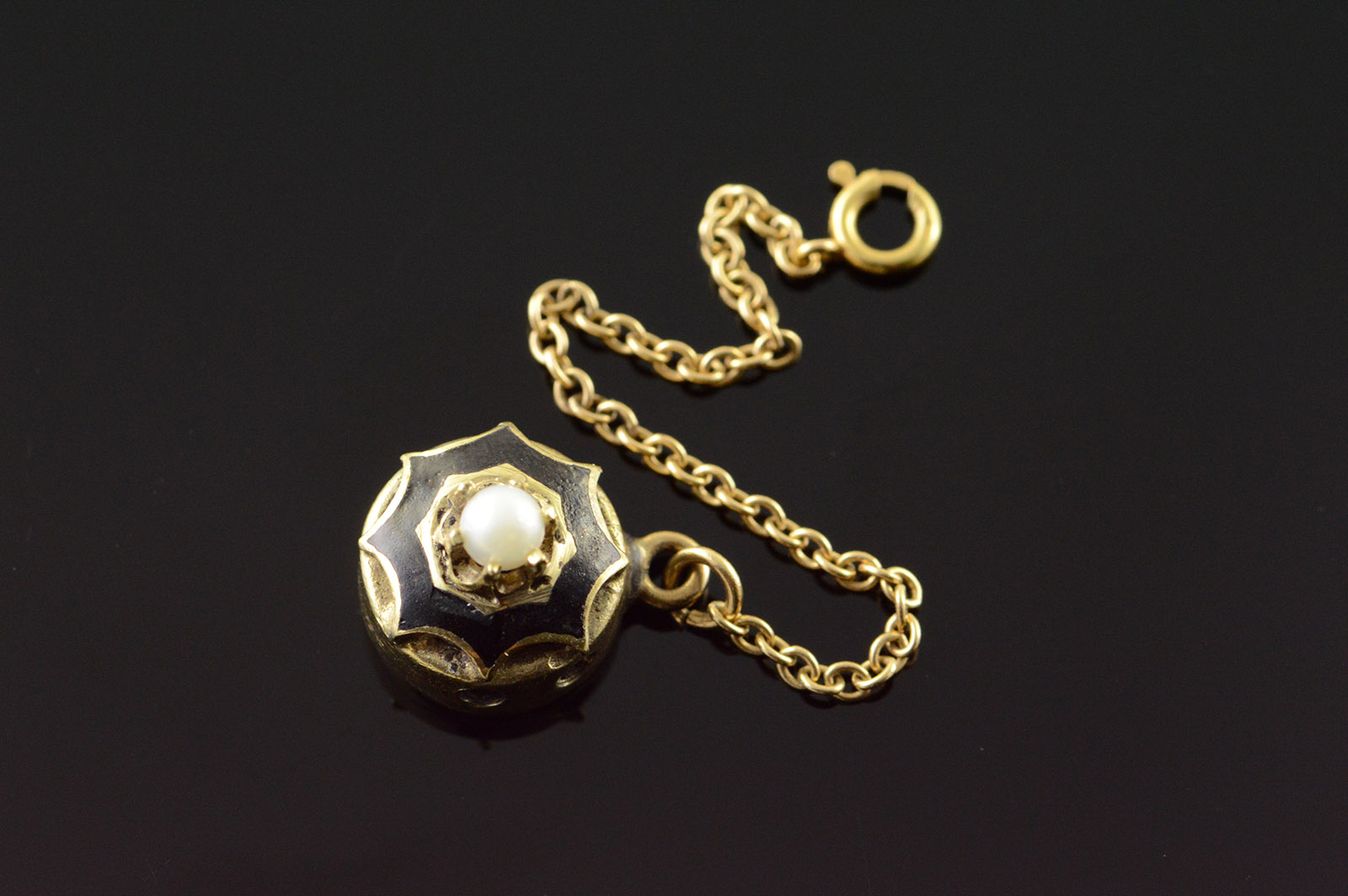 14K Victorian Black Enamel 3mm Seed Pearl Safety Clasp Slide Bracelet