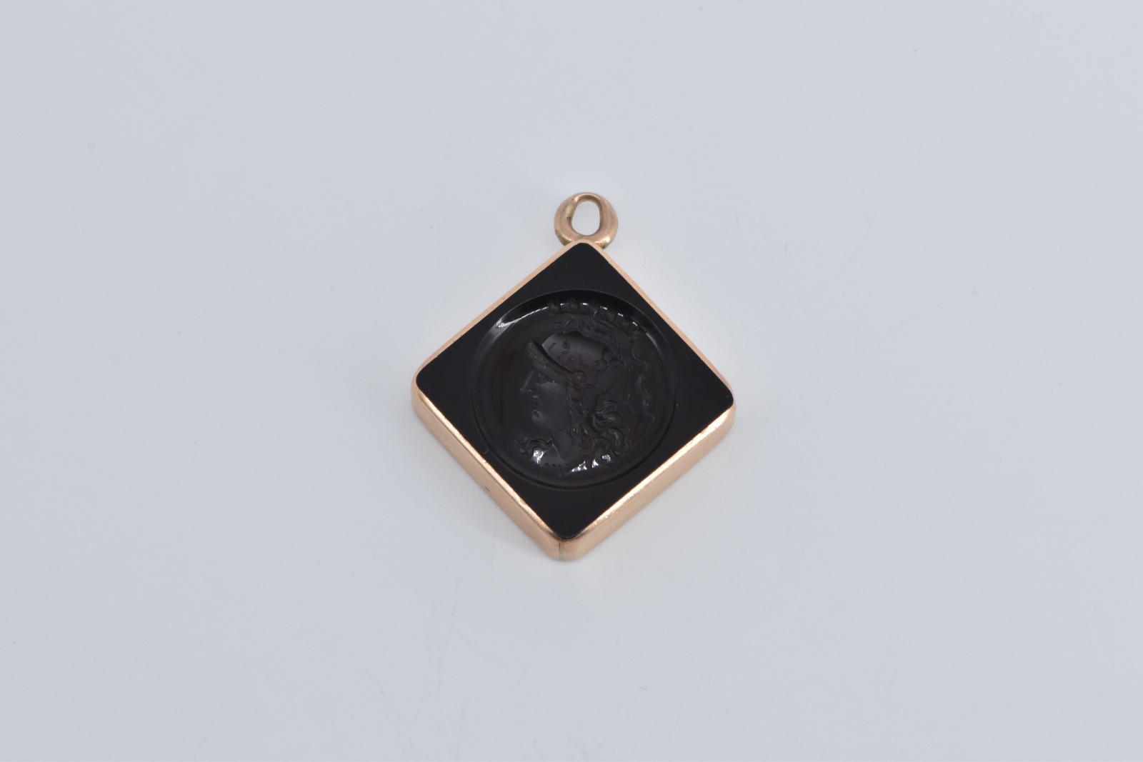 14K Victorian Black Onyx Carved Intaglio Square Yellow Gold Charm/Pendant
