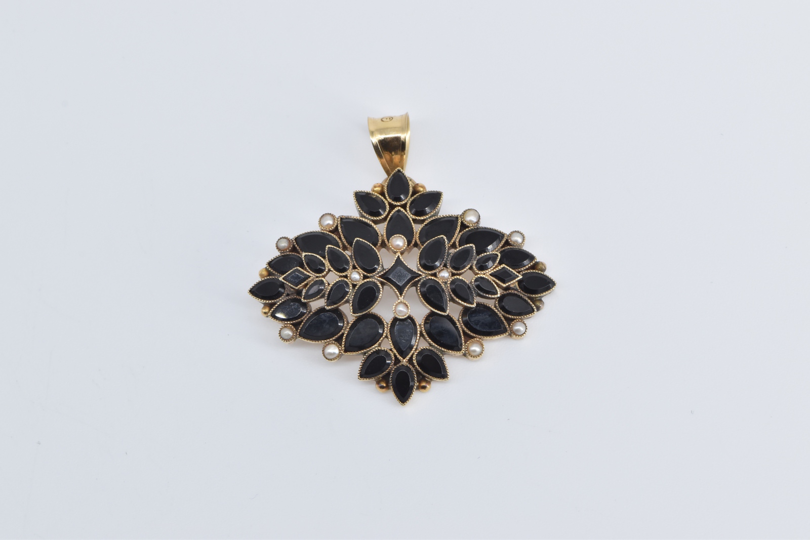 14K Victorian Black Onyx Seed Pearl Statement Yellow Gold Pendant
