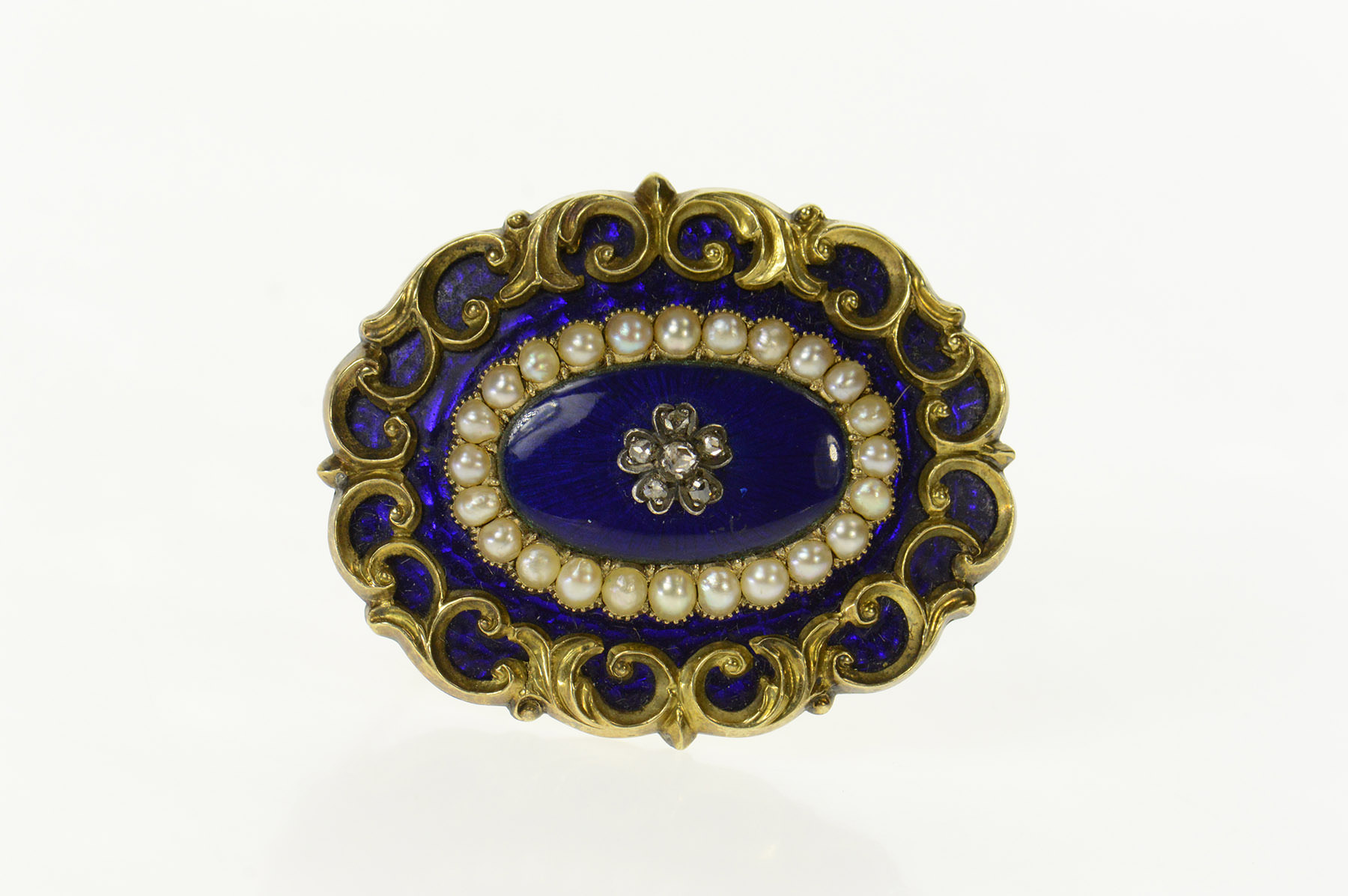 14K Victorian Blue Enamel Diamond Pearl Mourning Yellow Gold Pin/Brooch