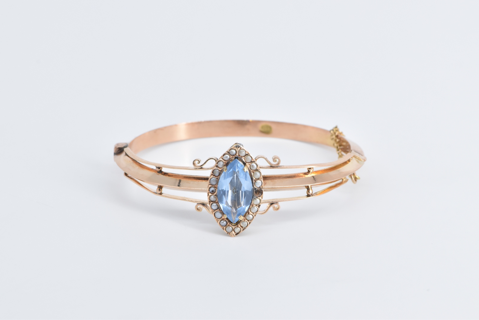 14K Victorian Blue Topaz Seed Pearl Bangle Yellow Gold Bracelet 7"