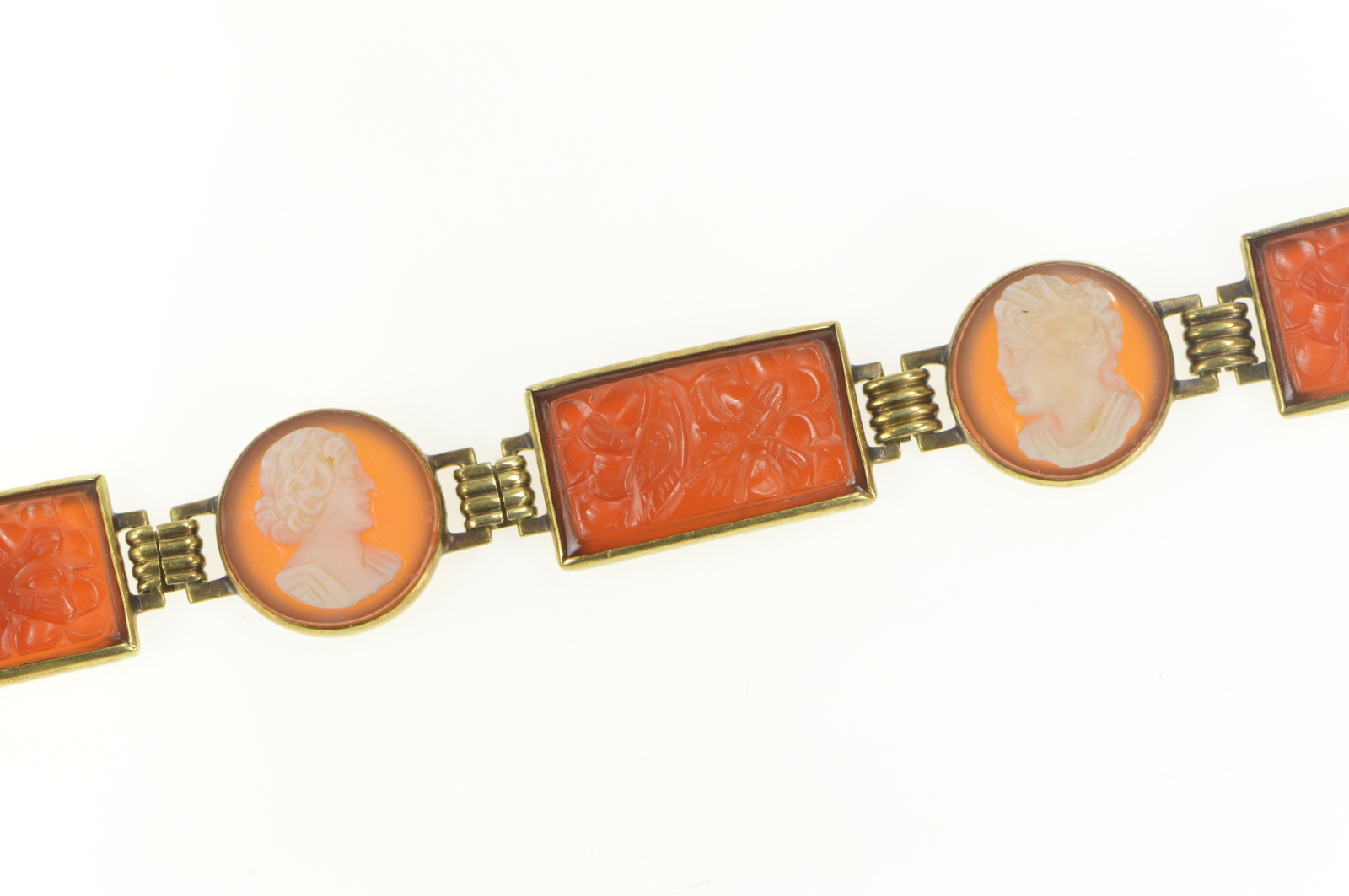 14K Victorian Carnelian Cameo Floral Enamel Yellow Gold Bracelet 7.25"