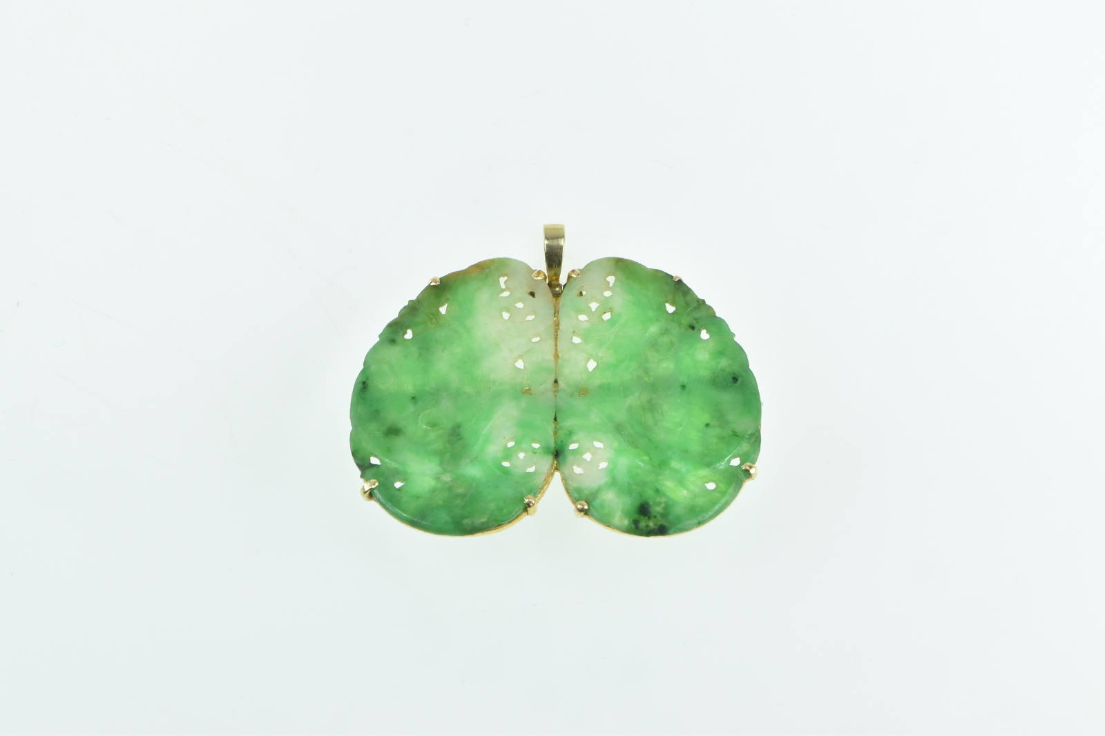 14K Victorian Carved Jade Floral Swirl Statement Yellow Gold Pendant/Pin