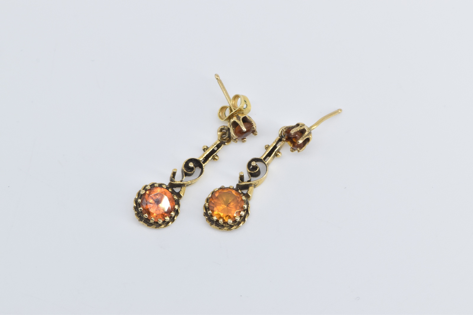 14K Victorian Citrine Ornate Filigree Dangle Drop Yellow Gold Earrings